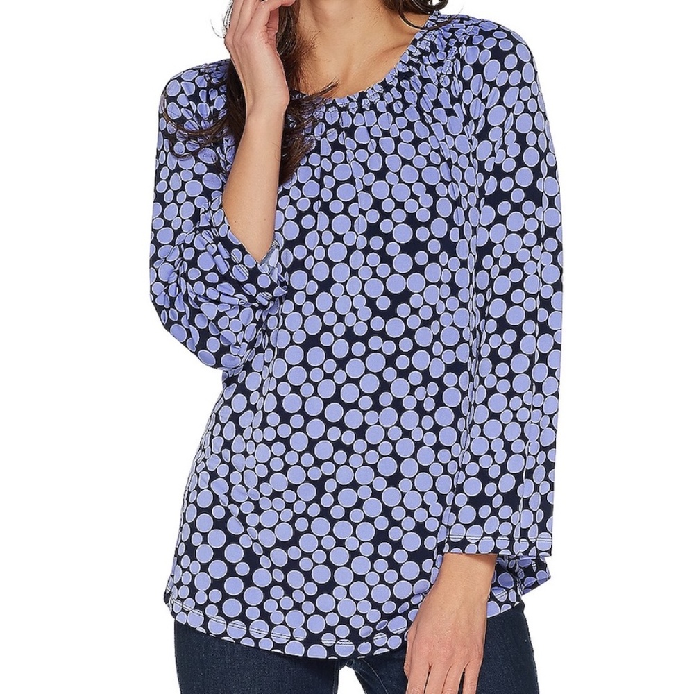 Susan Graver Womens XXS Pullover Knit Top Navy Blue Periwinkle Dot Print Long Sl - Picture 2 of 9